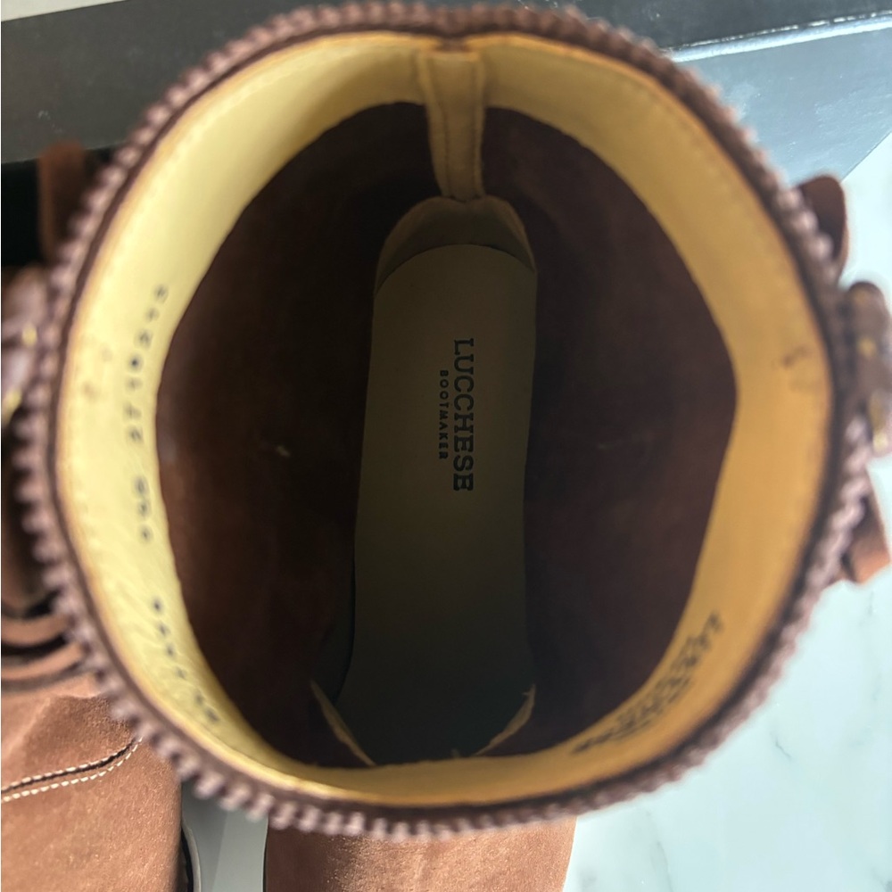 Lucchese Hidden Wedge Brown Suede Fringe Booties - Picture 4 of 11